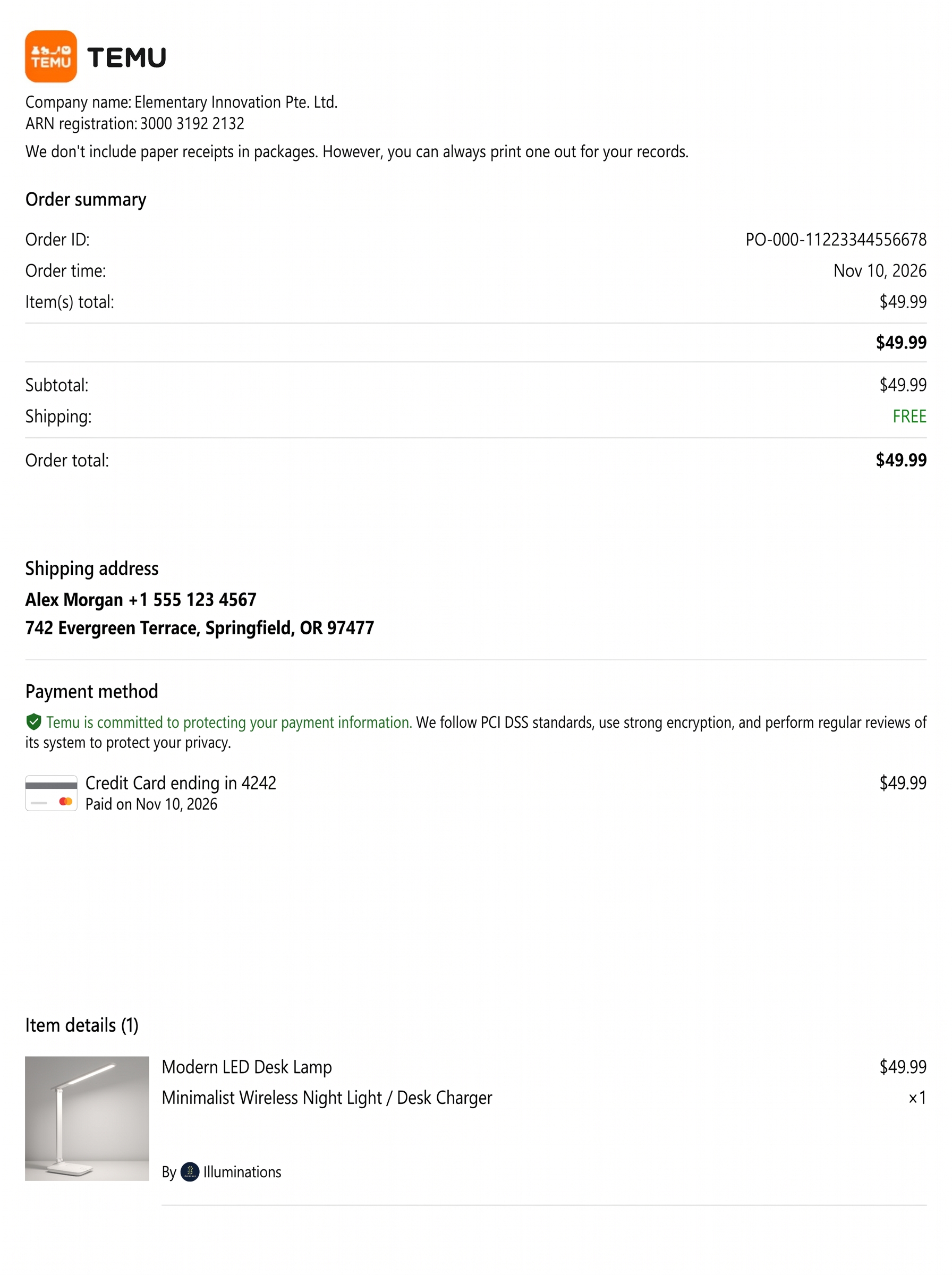 Example of a Temu order receipt showing the order ID, order time and order total