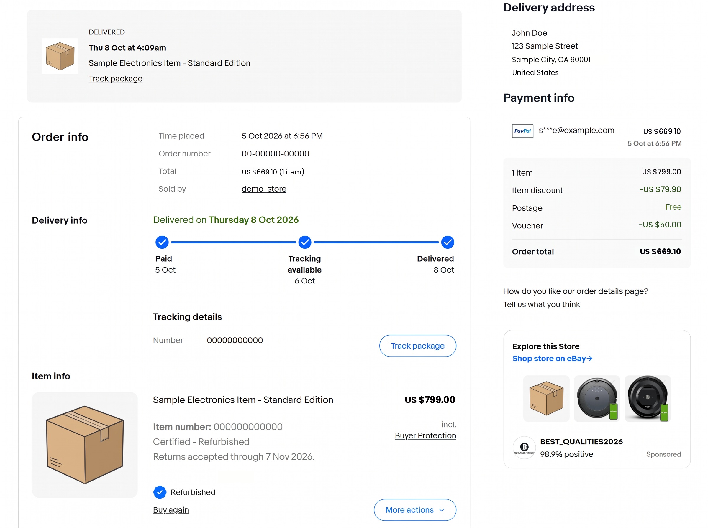 Example of an eBay order details page showing the time placed, order number and order total